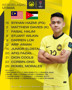 LINE UP MALAYSIA VS JORDAN